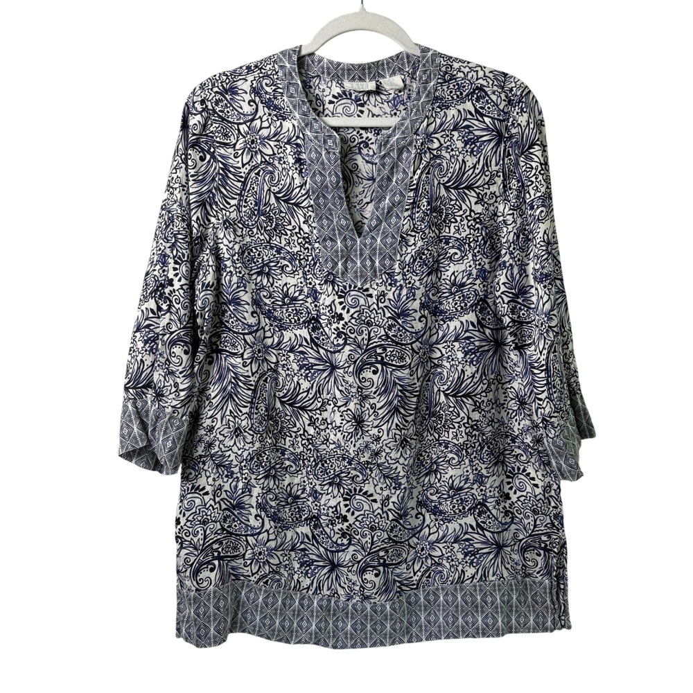 Sigrid Olsen Tunic Top Womens L Blue White 100% Linen Paisley Floral 3/4 Sleeve